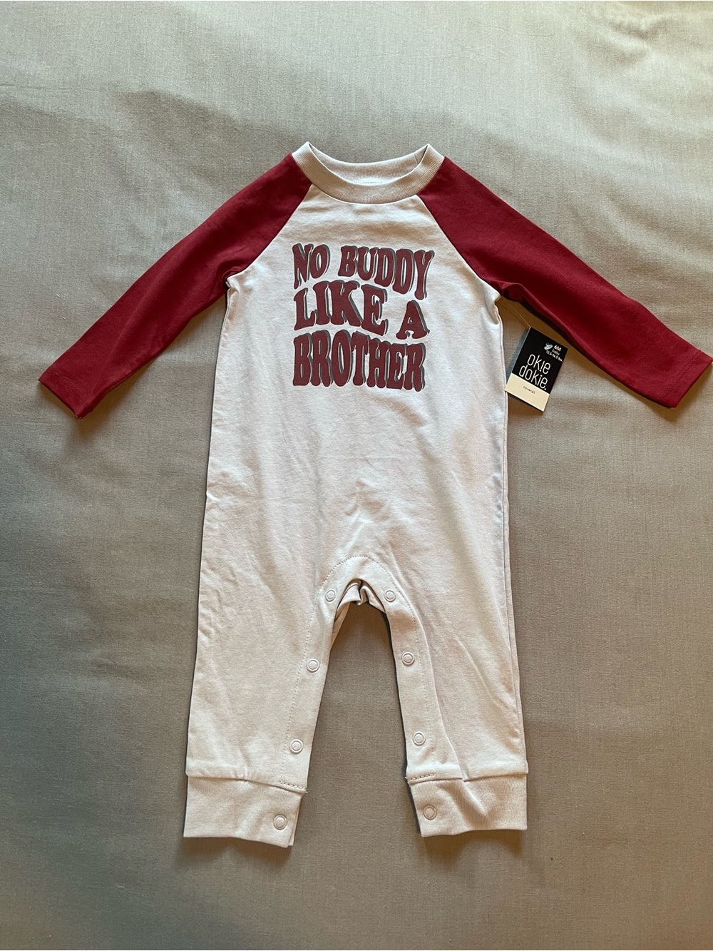 okie dokie Gray One-Piece with Maroon Raglan Sleeves and Graphic